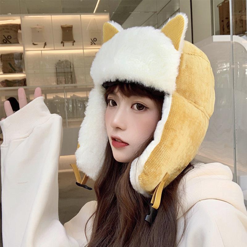 Cat ears Lei Feng hat female cute autumn and winter windproof winter cold warm versatile corduroy cotton hat