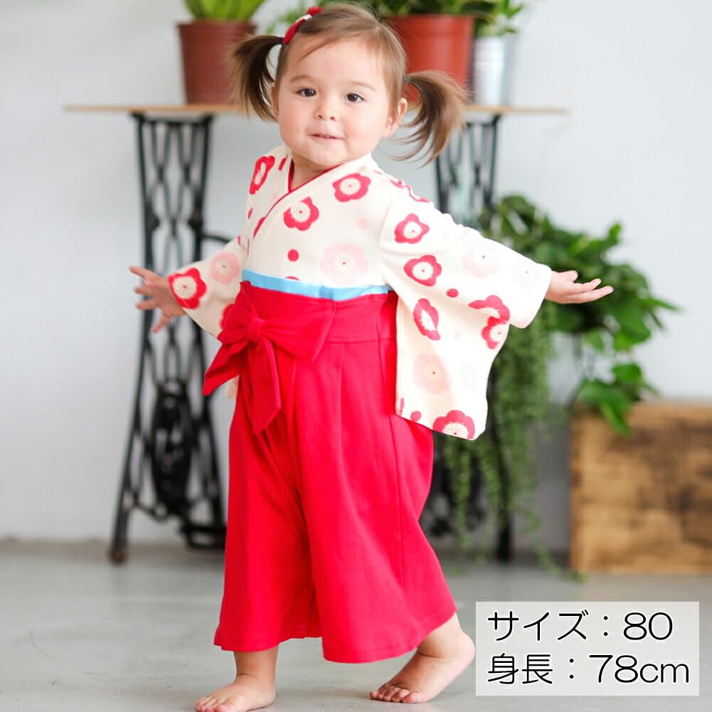 Augelute Hakama Romper and Socks Set, Front Opening, Baby Girl, Size 60, Red