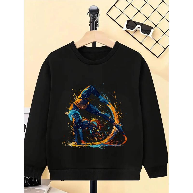 Girls' Crewneck Sweatshirt - Dynamic Figure Yoga Pose Artwork Splash Machine Washable, Spring And Autumn