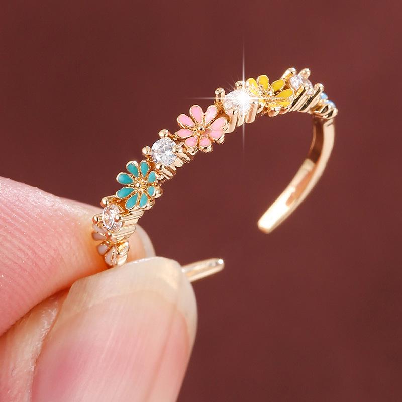 Sweet Romantic Colorful Daisy Zircon Open Ring - Cute Ins Pure Copper Women's Jewelry