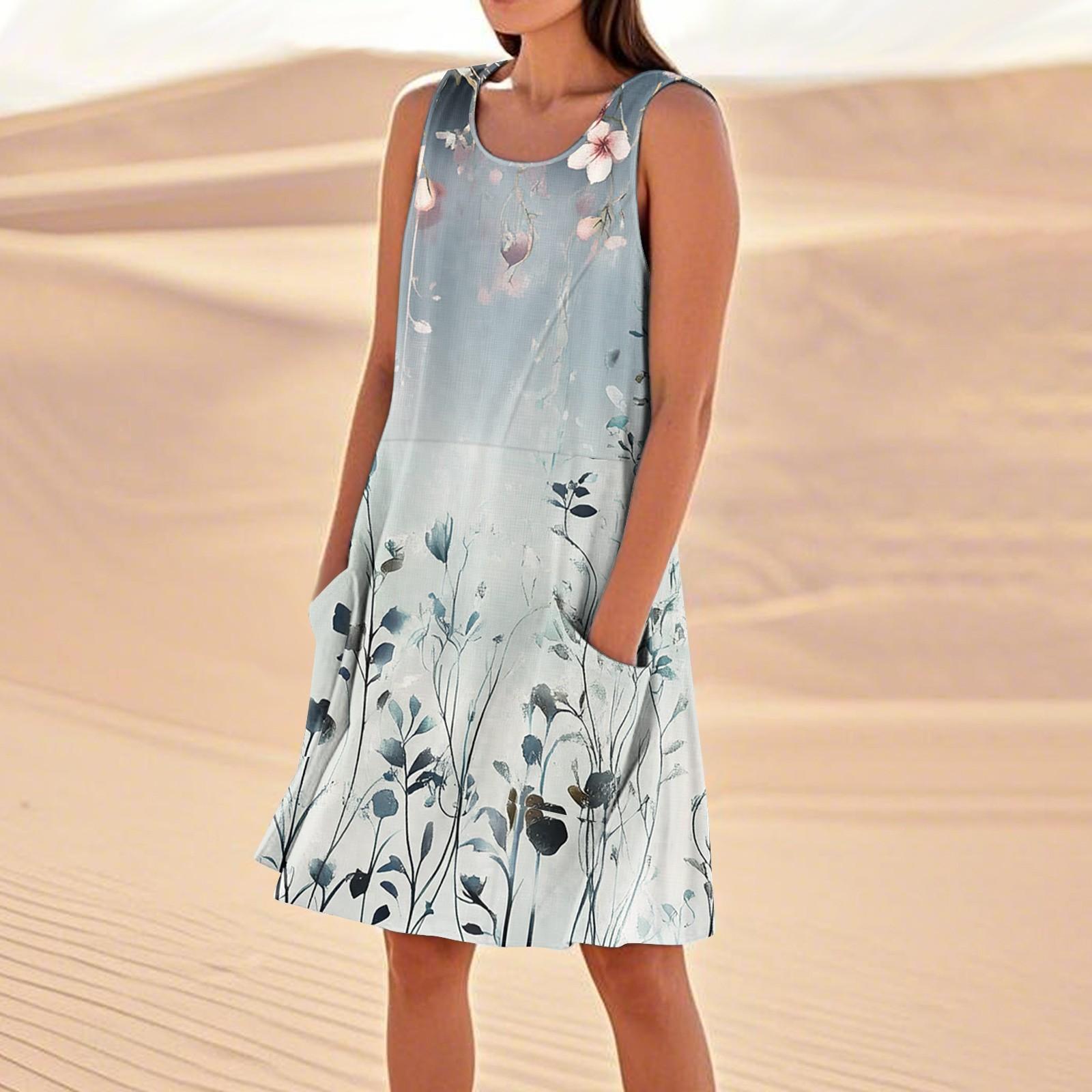 

Print Dresses For Women Loose Beach Vacation Casual Sleeveless Sundresses With Pockets Tank Dress L