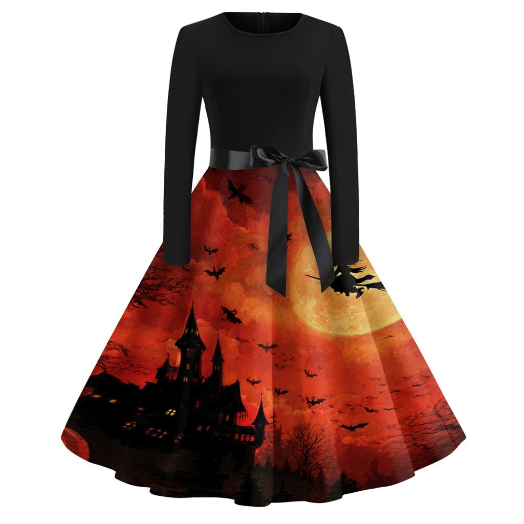 Women's Casual Vintage Halloween Print Dress Long Sleeve Round Neck Retro Swing Skater Dress with Waist Tie for Fall and Winter