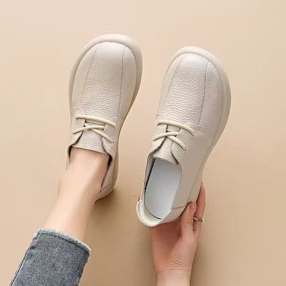 Leather shoes cowhide leather lace-up 2025 casual British single shoes new soft sole retro mother flat bottom