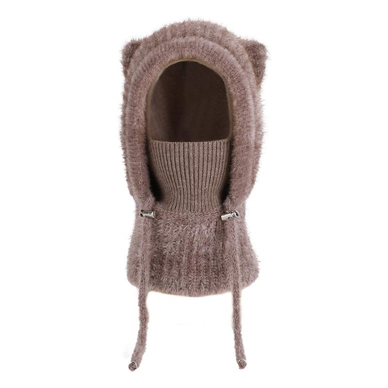 Winter  Scarf Mask Integrated Hat Women's Fleece Cold-proof Knitted Wool Hat Outdoor Warm Ear Protective Hat