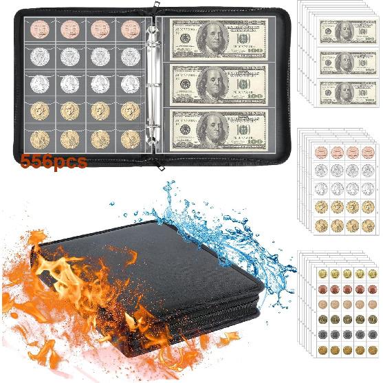 Coin Collection Book Holder for Collectors, 520 Pockets Fireproof Coins Collecting Album & 36 Sleeves Money Storage Case for Coin Currency Collection