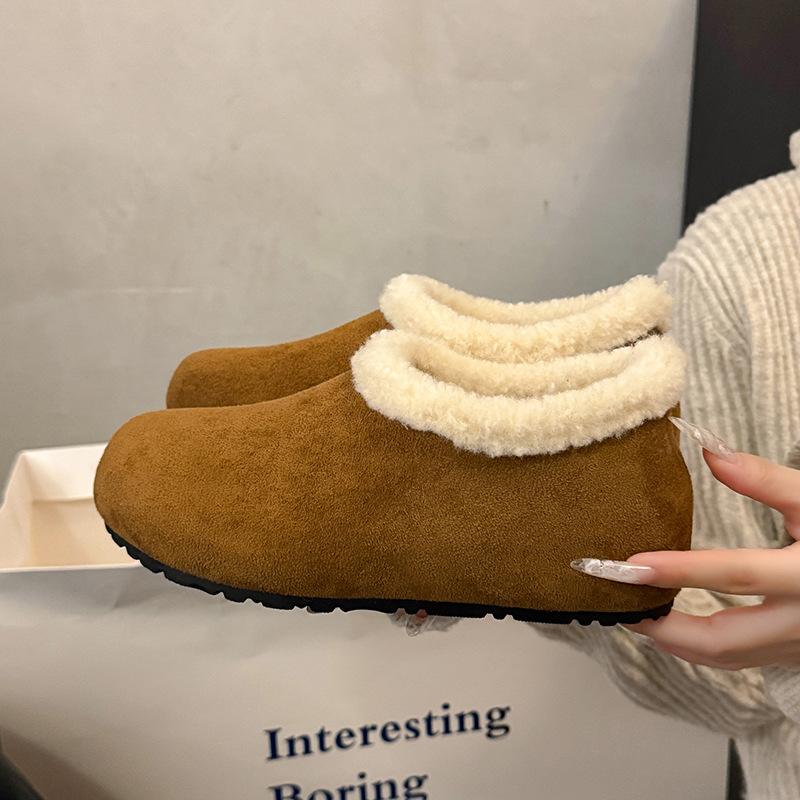 Women's lightweight thick sole one foot stirrup winter warm fur one snow boots plush lining non-slip casual sports cotton boots fur shoes