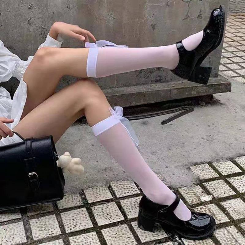 White Knee-High Socks – College Style JK Black Stockings with Bow