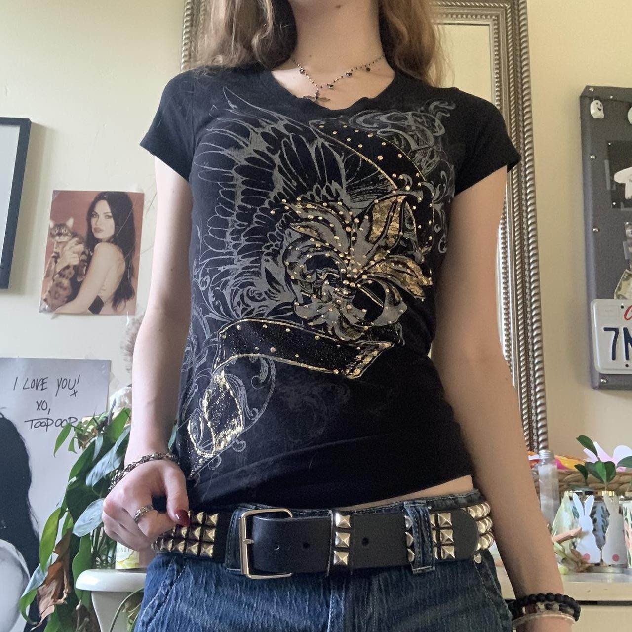 

TrendHub Женские Винтажные Топы в Стиле Гранж со Стразами, с Коротким Рукавом, Круглым Вырезом и Принтом Крыльев - Стильные Футболки и Блузки S чёрный