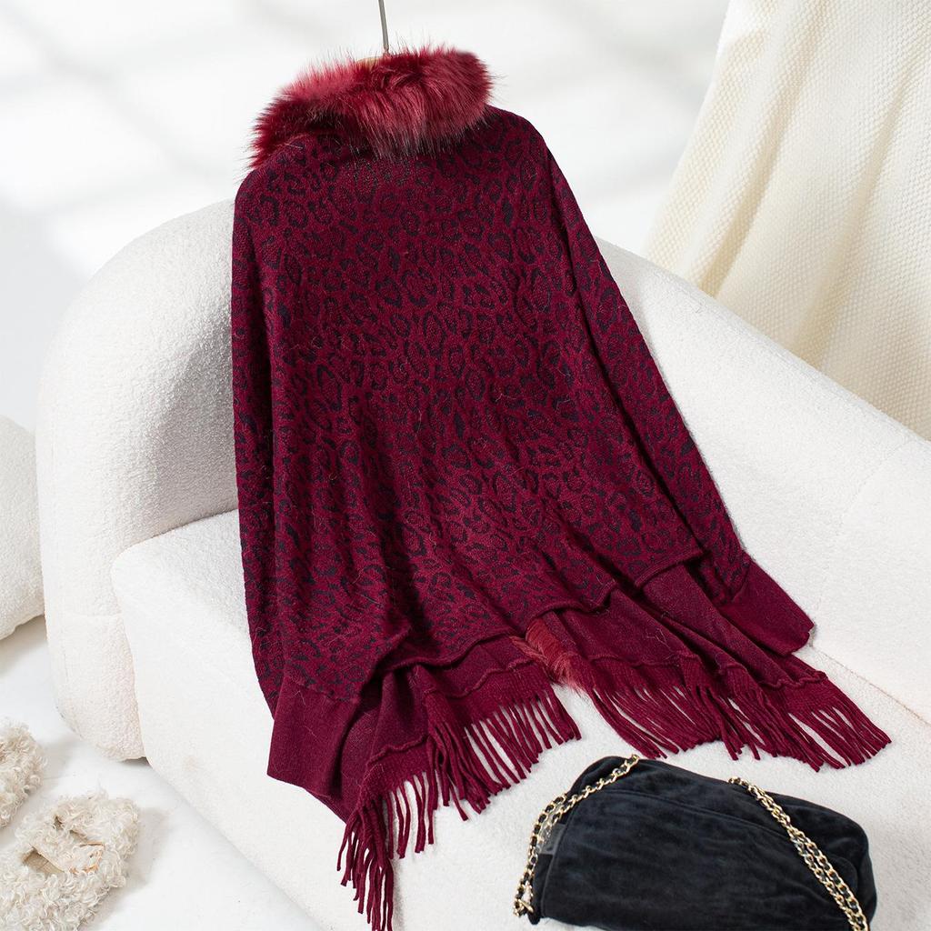 Leopard Print Fur Collar Knitted Cardigan: Autumn/Winter Batwing Sleeve Cape