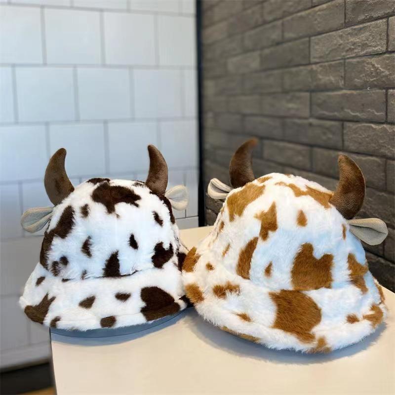 Autumn and winter new cow print horn fisherman hat female print Korean fashion plush thickened warm basin hat