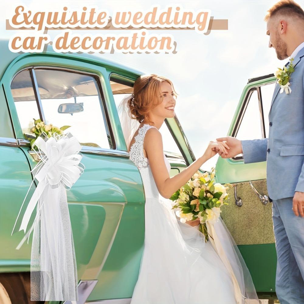 4Pcs White Church Wedding Pew Bows with Long Tulle Tails Ceremony Chair Aisle Decor Church Aisle Decor Wedding Car Decoration