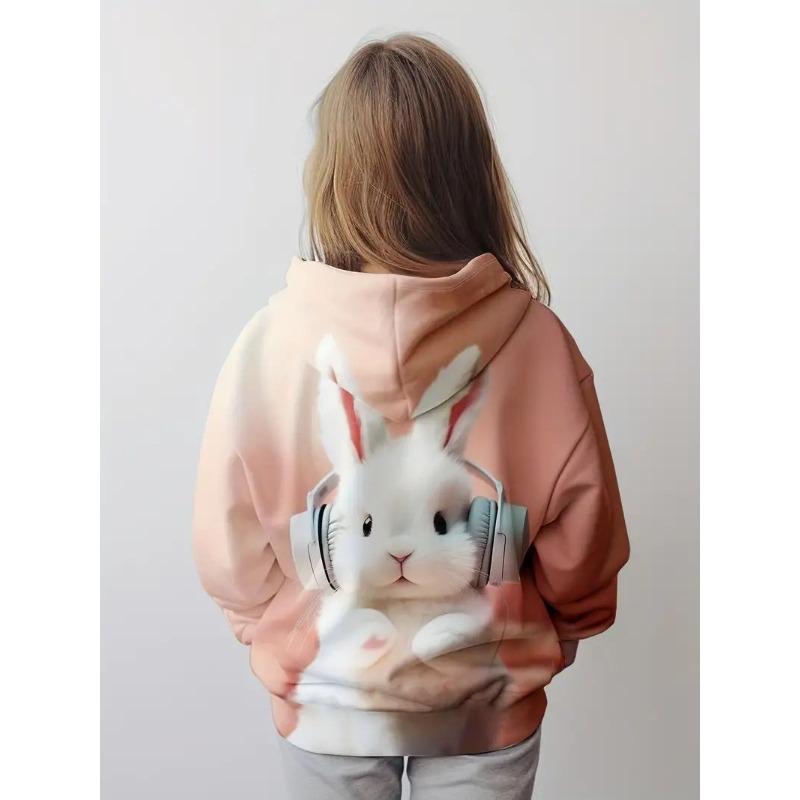 Autumn New Cute Rabbit Wearing Headphones 3D Simulation Childrens Pullover Trend Sweet and Energetic Girls Hooded Sweatshirt