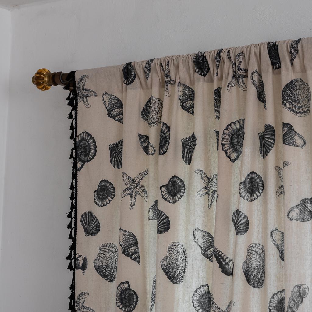Curtain Finished American Printed Conch Semi-Blackout Kitchen Small Window Short Curtain Black Fringed Small Curtain