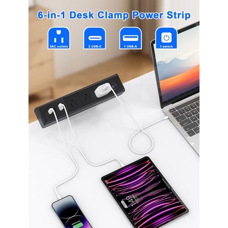 Multiports Desktop Charging Station With 65W USB C 3AC Outlets Clamp On Designs Power Strips For Dorm Room Offices