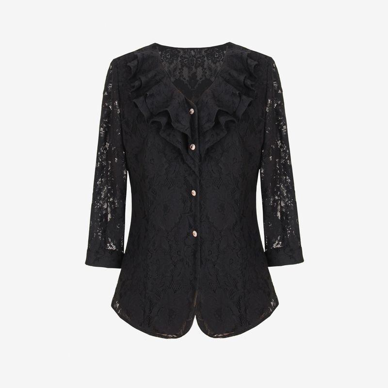 

Blue Rose Plus Size Women s Clothing Customer Service Lace Long Sleeves V-neck Single Breasted Shirt Exquisite Ruffled Collar Shirt Seven-point sleeve 5XL