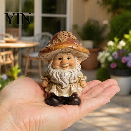 Garden Gnome Statue Mushroom Cap Statue, Resin Figurine, Retro Hand Painted Forest Yard Art Cute Sculpture for Patio Indoor Table Decoration