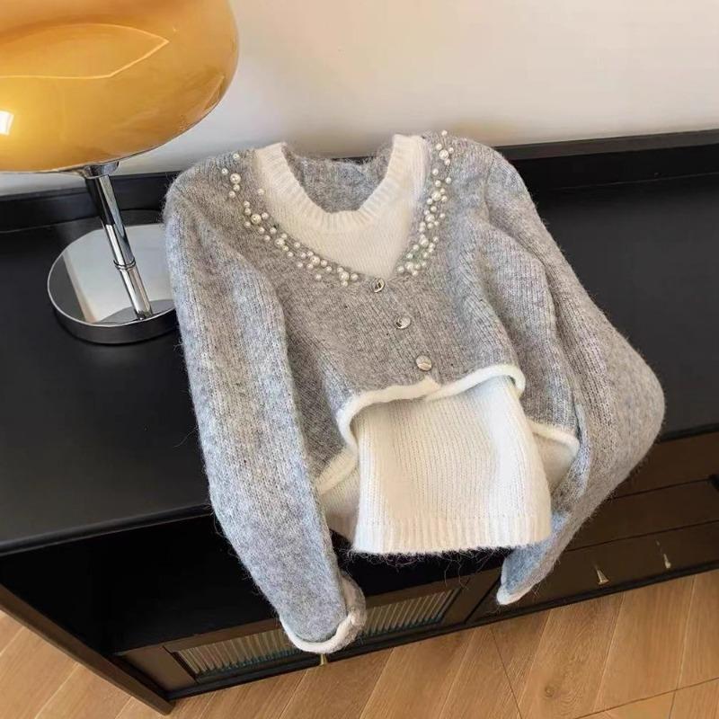 Pullover temperament knitted sweater stacked fake two tops women's fashion sweater lazy high-end design sense niche