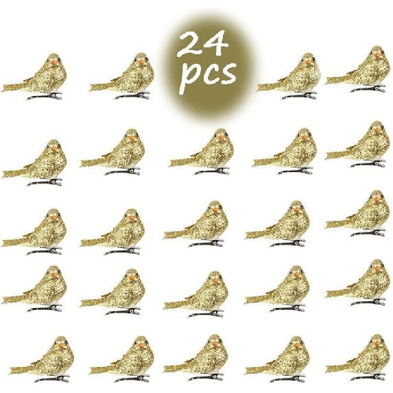 

24 шт. Искусственная имитация Птица из пенопласта Блестящие Мини-птички Клипса Птичьи украшения Перья Мини Милые птички DIY Поделка для Рождественской елки Свадьбы Дома золотой