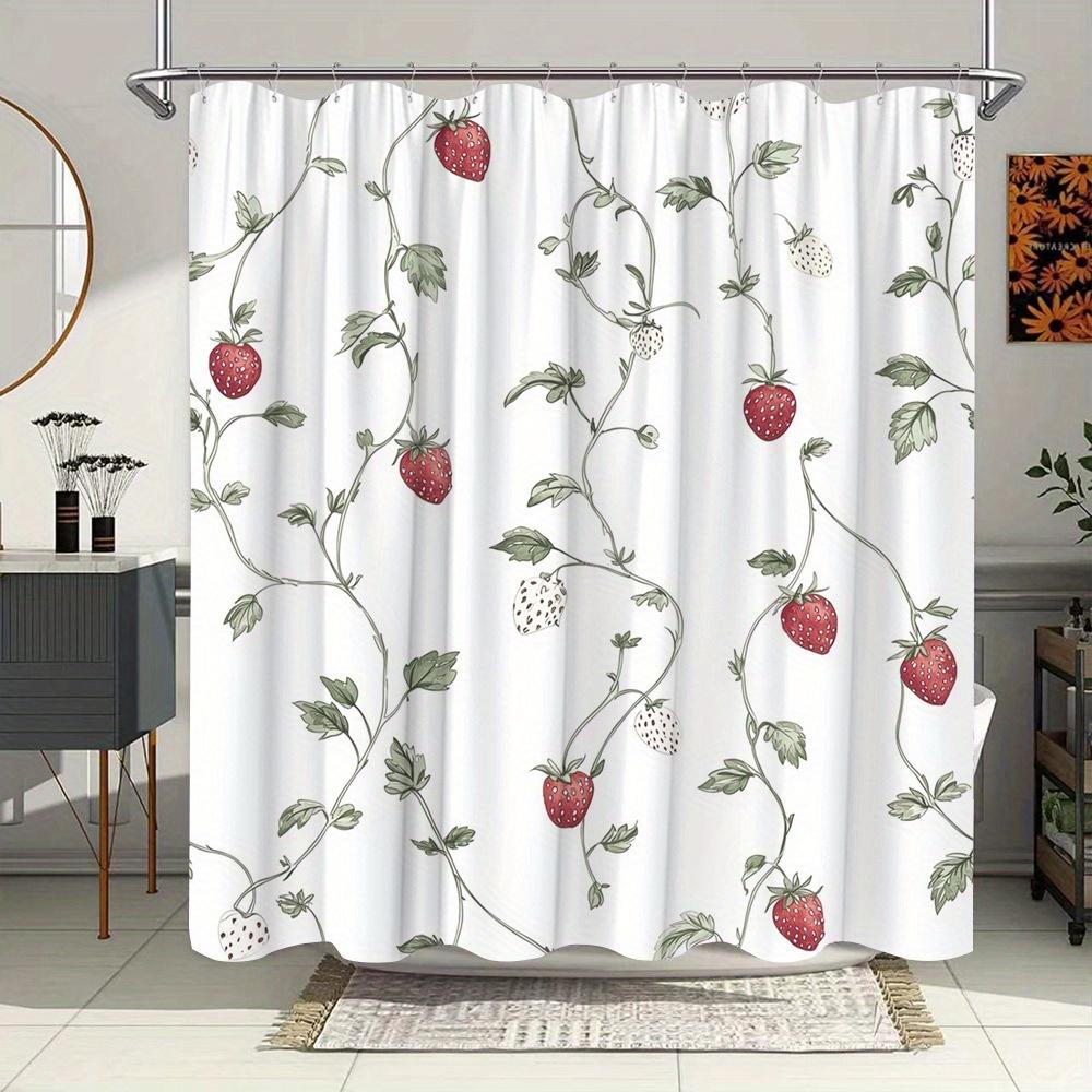 

1 Занавеска для душа с клубничным узором - Полиэстеровая ткань с крючками, белый фон, нежный узор из клубники и листьев 90X180cm