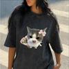 Retro Washed Meme Cat Print Crewneck Short Sleeve Unisex Cotton Graphic T-shirt Designs for Cat Lovers