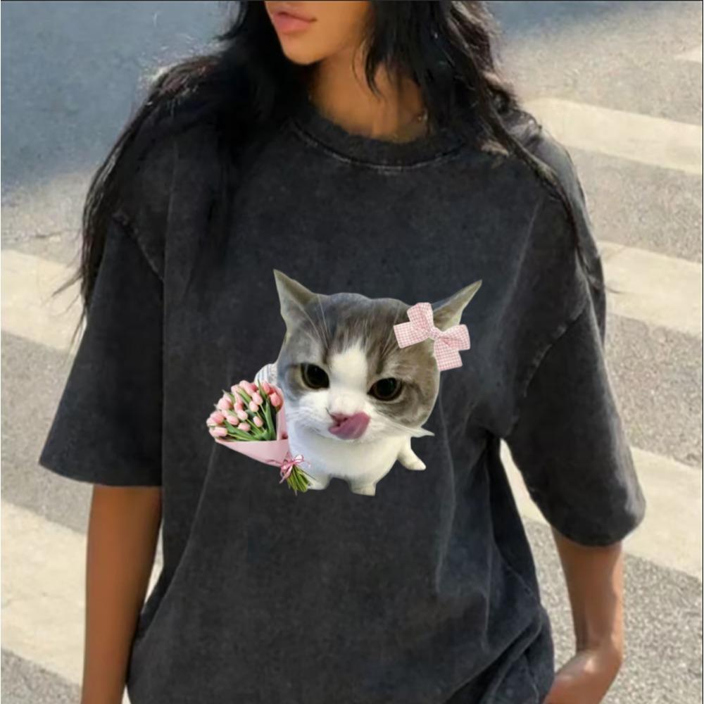 Retro Washed Meme Cat Print Crewneck Short Sleeve Unisex Cotton Graphic T-shirt Designs for Cat Lovers