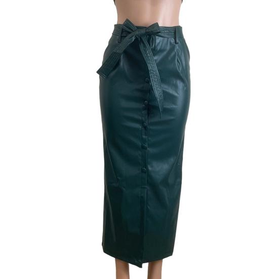 Women Skirt Faux Leather High Waisted Front Slit Hip Wrapped Skirt with Belt Buttons Closure Commuting Street Skirt