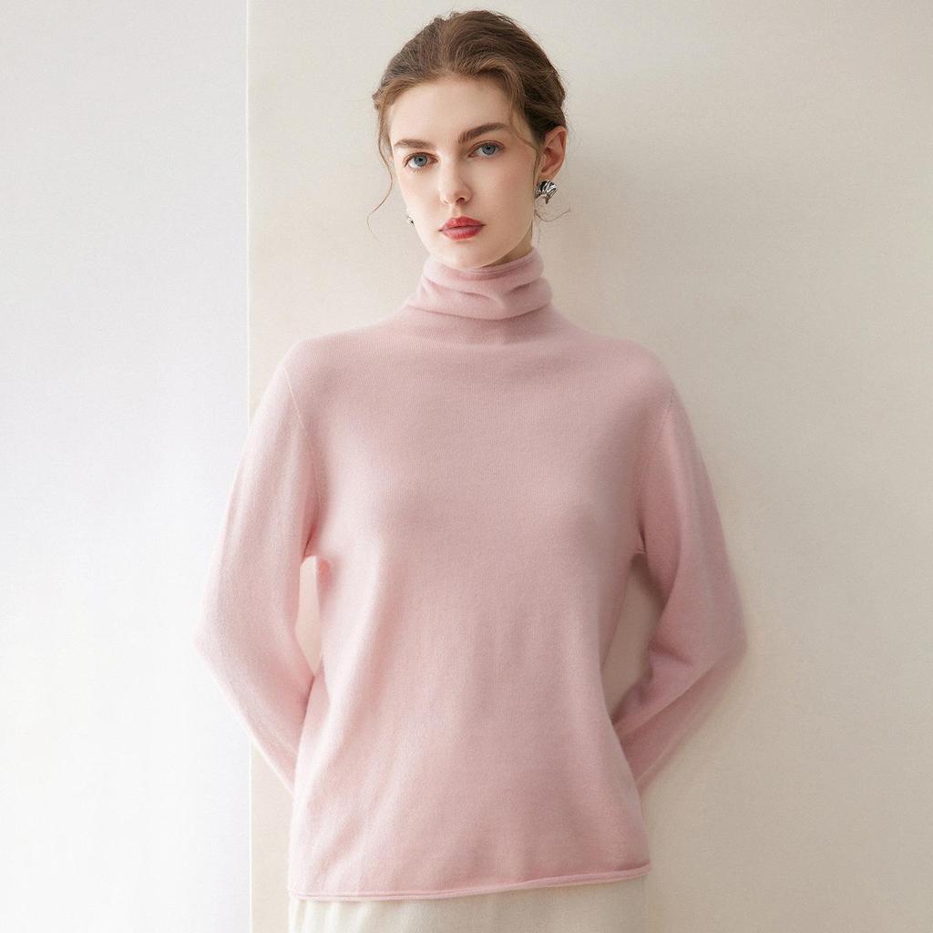 Women's Pure Cashmere High Neck Sweater with Rolled Hem