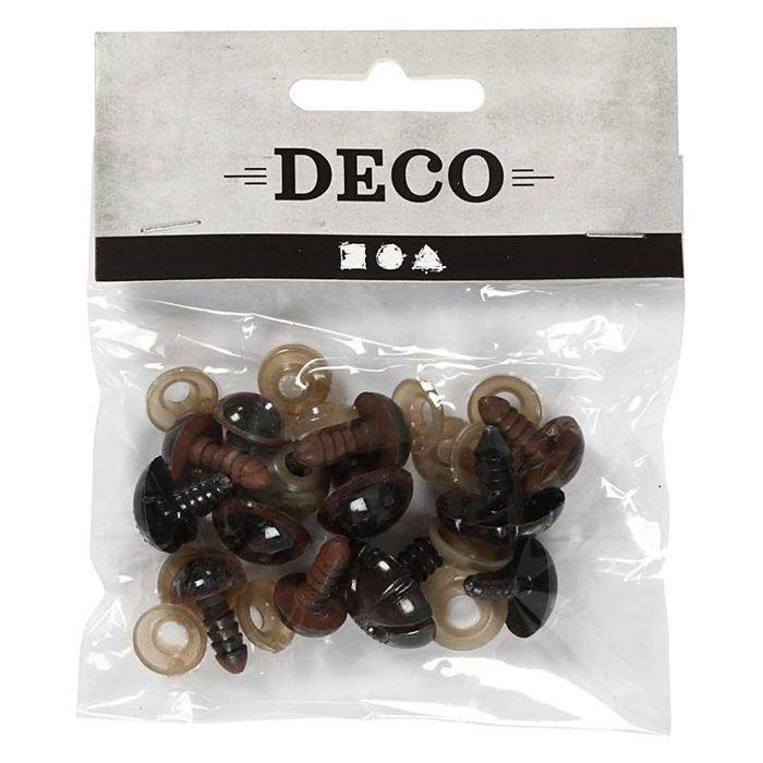 Assorted Nose and Eyes for Teddy Bears - Black - 10 To 25 Mm - 12 Pcs - Plastic - Locking Disc