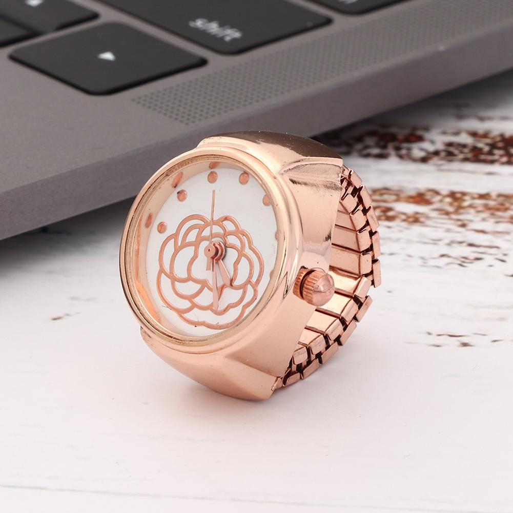 Finger Ring Watch Round Dial Rose Flower Pattern Women Finger Quartz WatchRose Gold