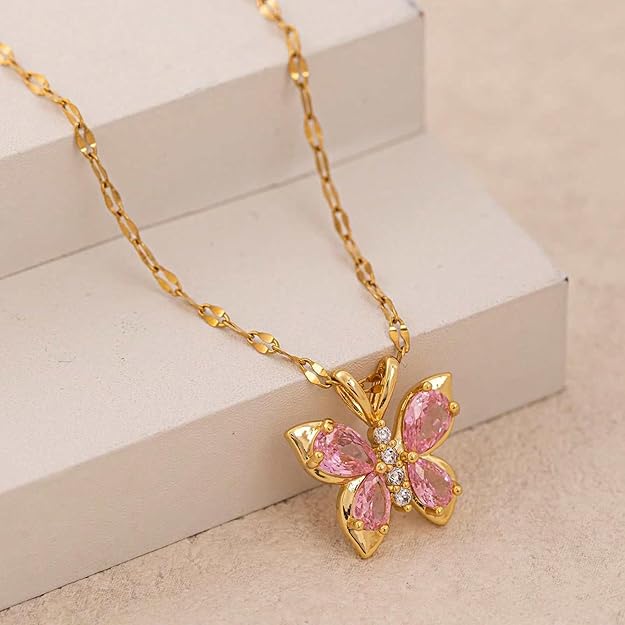 Colar Pingente Borboleta Rosa Coquette de Aço Inoxidável para Mulheres