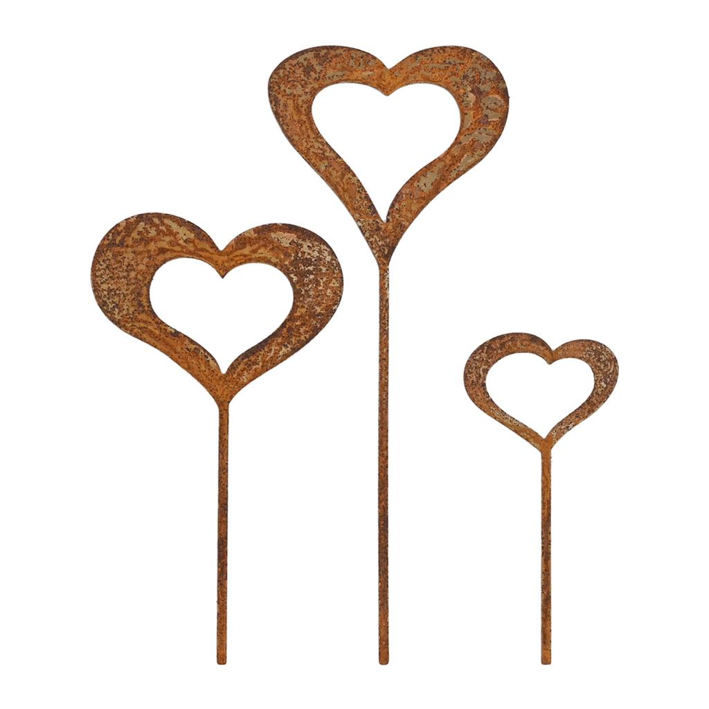 3PCS Iron Rusty Heart Shaped Garden Statue Pile Set for Outdoor Flower Pot Decoration Suitable for Balcony and Garden Spaces