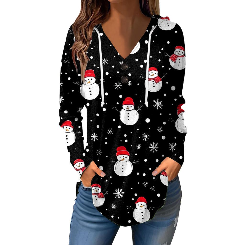 Γυναικεία Casual Μόδα Μονόχρωμα V Λαιμόκοψη Μακρυμάνικα Μπλουζάκια με Κουμπιά και Κουκούλα