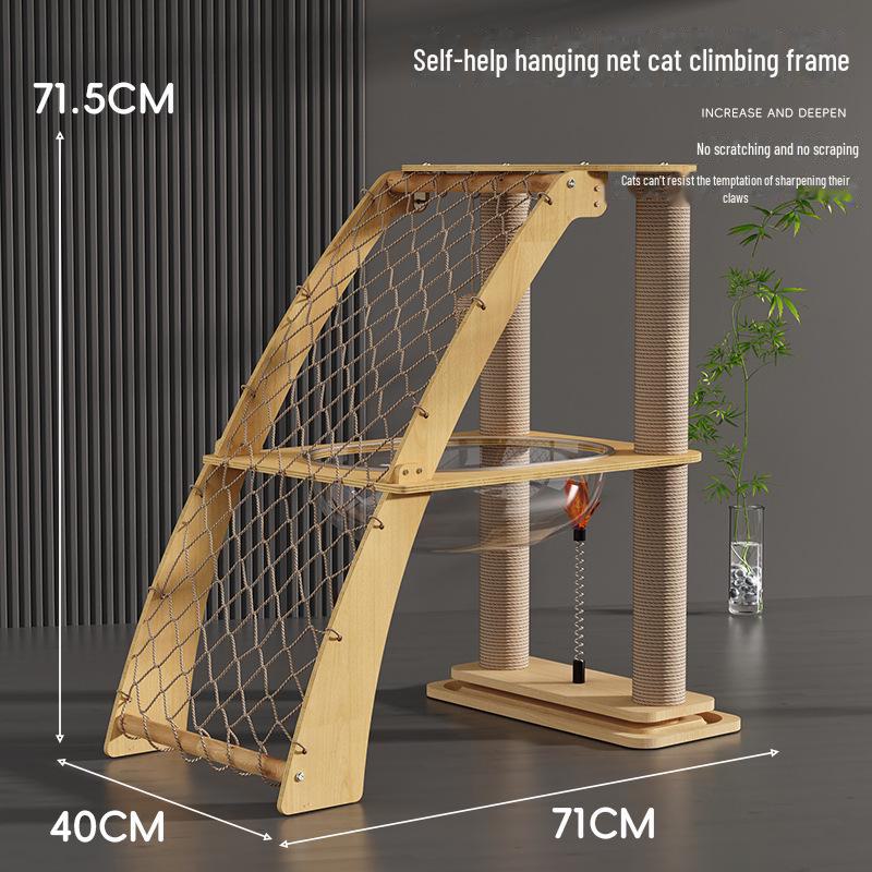 Solid Wood Cat Climbing Frame with Sisal Scratching Board & Hammock - Wear-Resistant, Non-Chipping Design.