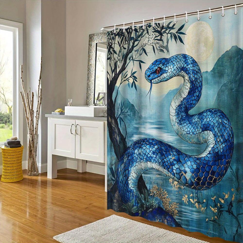 Majestic Blue Snake Shower Curtain - Intricate Scales, Misty Landscape Design, Polyester Fabric