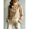 Spring and Autumn New Temperament Commuting Loose Stand-up Collar Solid Color Ruffle Edge Women's Shirt
