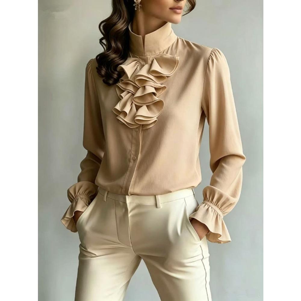 Spring and Autumn New Temperament Commuting Loose Stand-up Collar Solid Color Ruffle Edge Women's Shirt
