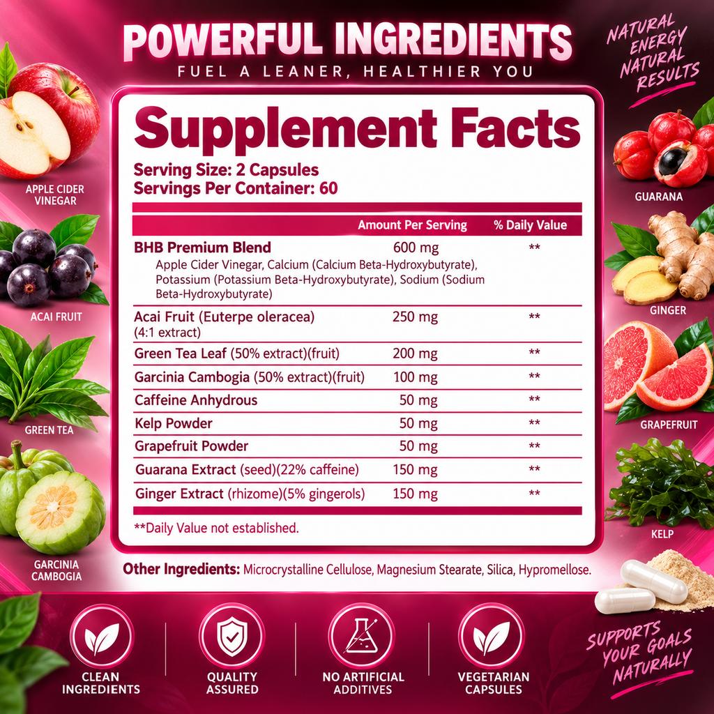 Apple Cider Vinegar Complex Capsules – with Green Tea Extract, Garcinia Cambogia, Ginger, and Capsaicin – Plant-Based Dietary Supplement