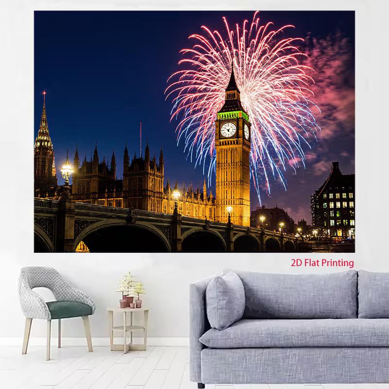 2D UK-Themen-Wandteppich, Big Ben mit Feuerwerk und Westminster Bridge