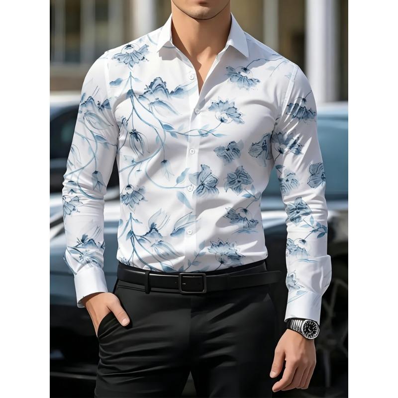 Men's Floral Printed Long Sleeved Lapel Shirt, European and American Nightclub Party Trend Casual Floral Shirt