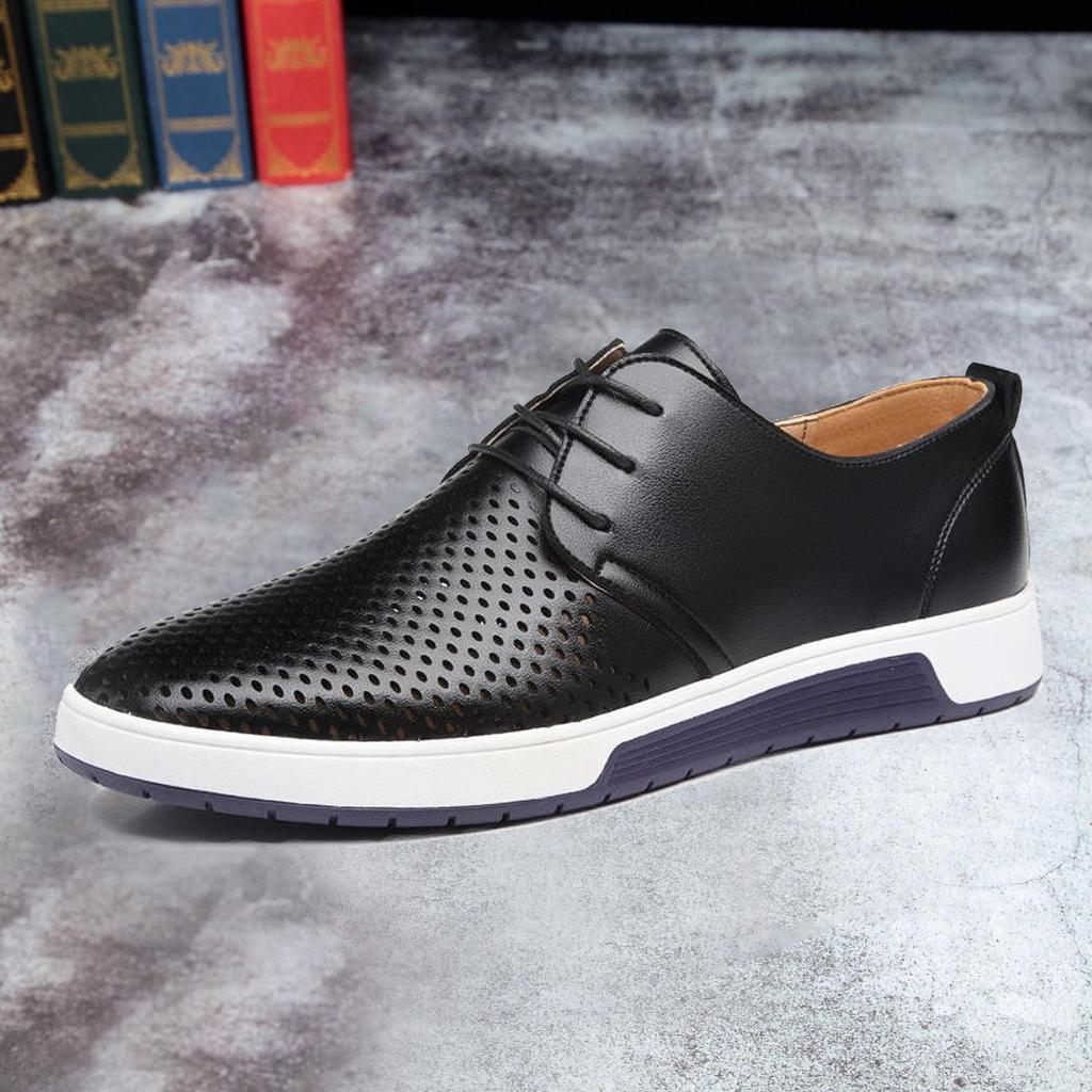 Men's British Style Summer Leather Shoes: Hollow Design, Large Size, Round Toe for Casual and Business Wear.