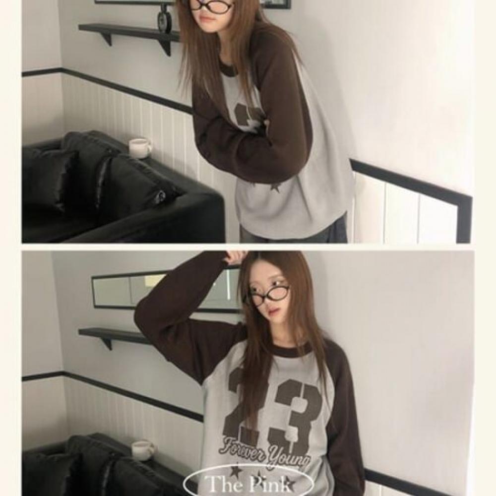 The Pink Oversized Color Block Long Sleeve Knit With Number Printing
