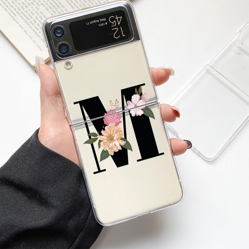 Flower Letters S Fashion Phone Case For Samsung Galaxy Z Flip 3 4 5 6 7 Hard Folding Z Flip4 Clear PC Cover Protector Gift