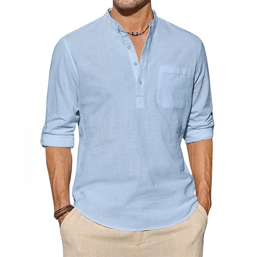 Herren Baumwoll-Leinen-Hemden Langarmhemd Lässige Strandhemden Henley T-Shirt Urlaubsoberteile mit Tasche Männer Streetwear