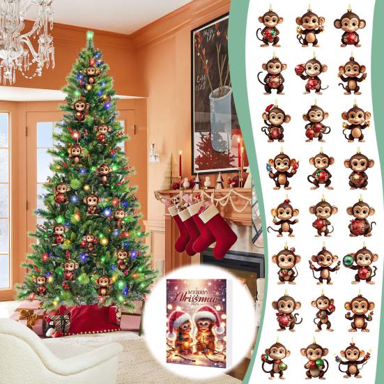 Monkey Advent Calendar 2025 2D Acrylic Monkey Hanging Ornament for Christmas Tree 24 Days Christmas Countdown Calendar for Kids Adult