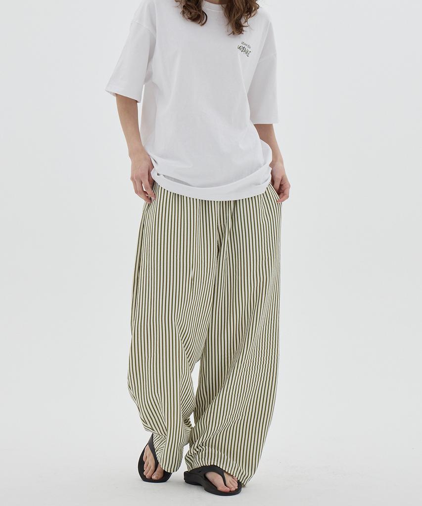 URBANAGE Balloon Fit Curved Stripe Pintuck Elastic Waist Pants_Khaki