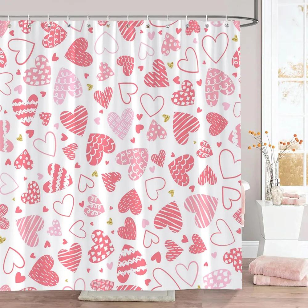 Rosa Herz Duschvorhang Weihnachtsgeschenk Geometrische Linien Schlicht Modern Polyesterstoff Duschvorhänge Badezimmerdeko mit Haken