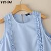 VONDA Women Round Neck Sleeveless Ruffled Casual Mini Tank Dress with Pockets