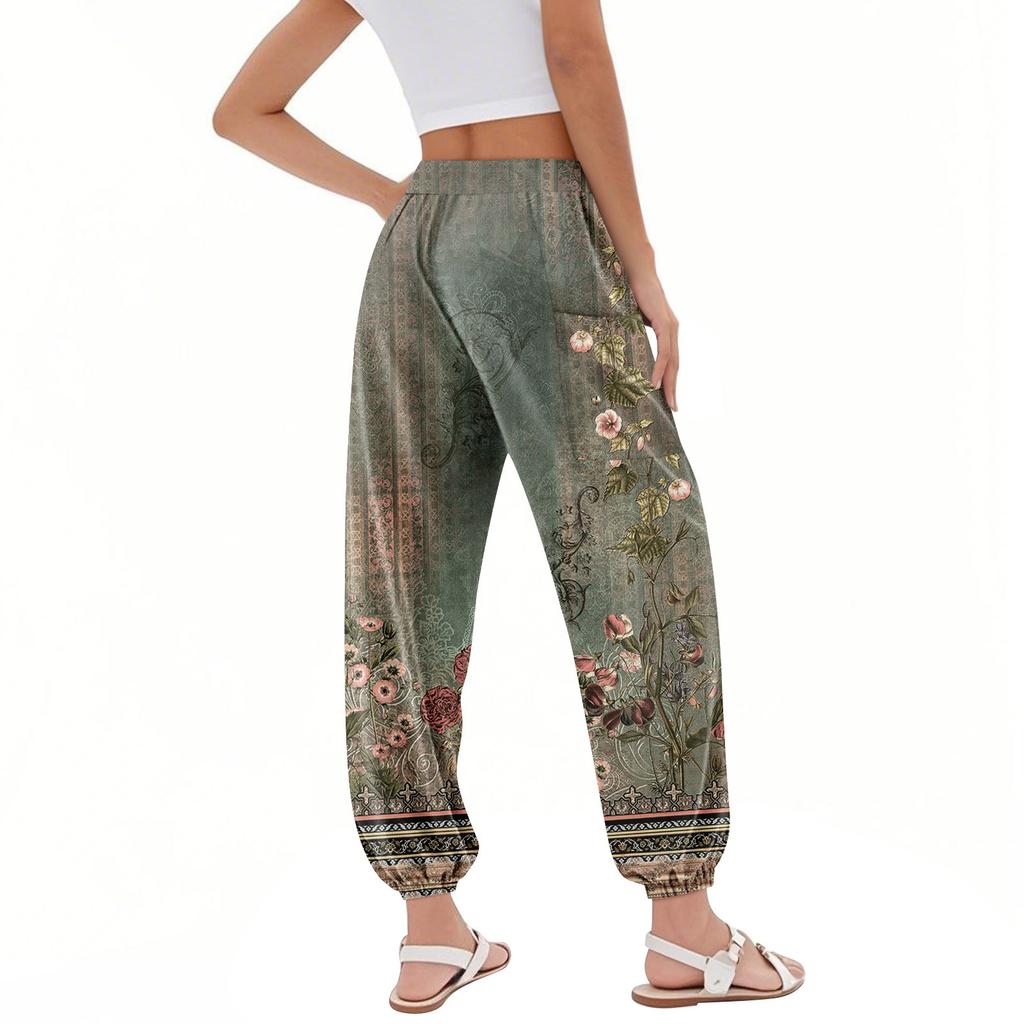 Women's Pocket Drawstring Trousers High Waist Yoga Retro Print Casual Pants