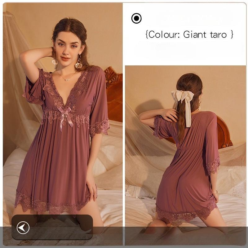 Sexy Lace Nightgown with V-Neck and Bow, Soft and Comfortable Splicing Design