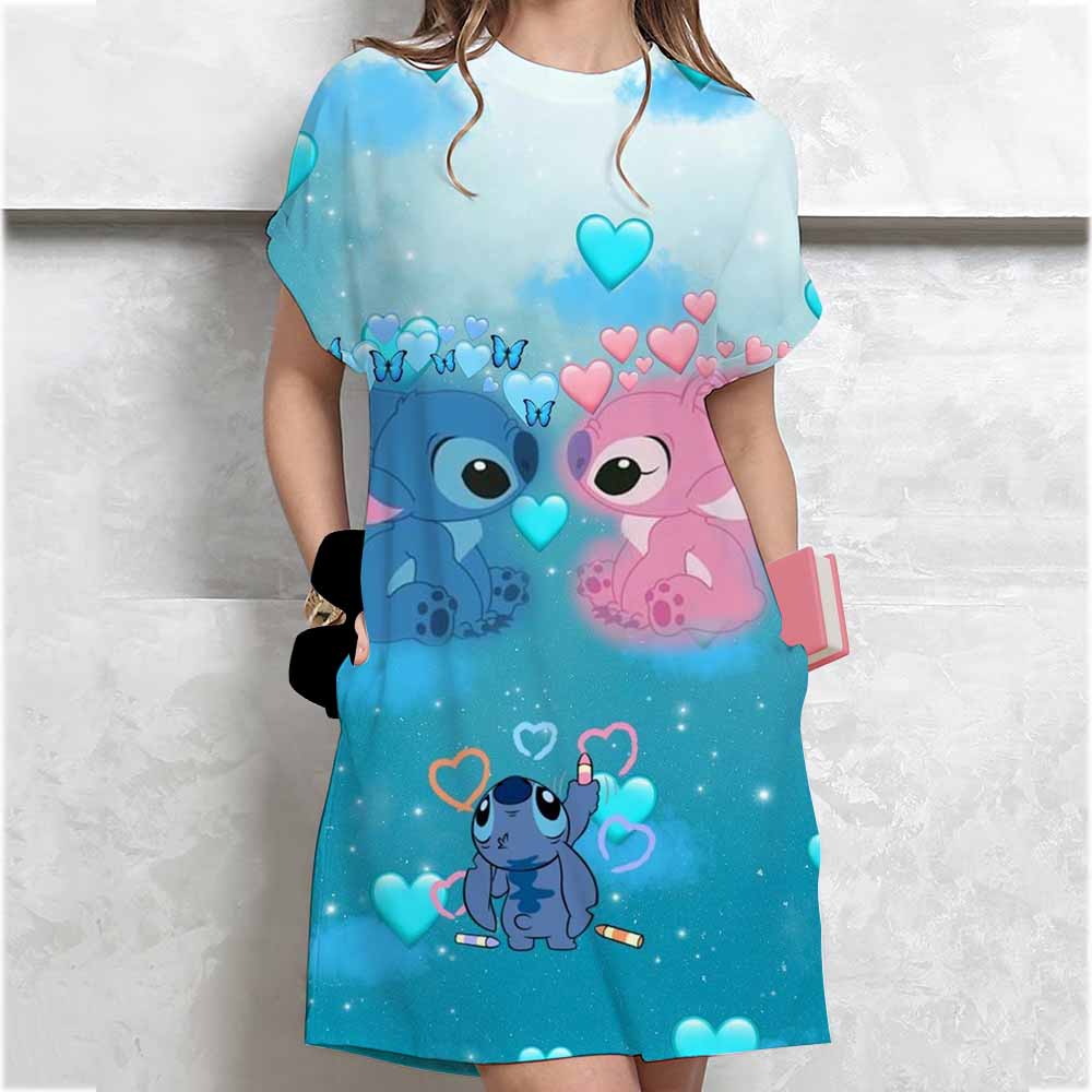 Damen Sommer Lässig Locker Disney Stitch Cartoon Druck Rundhals Kurzarm T-Shirt Kleid 8XL